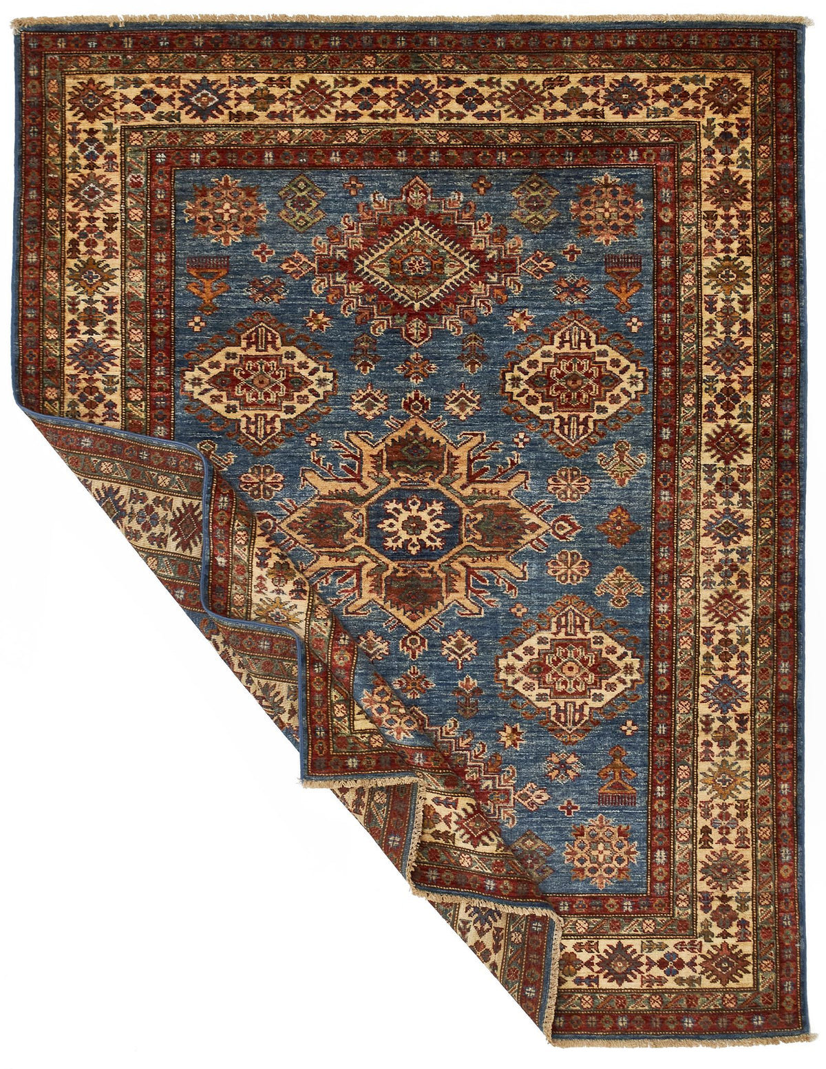 5x6 Blue and Ivory Kazak Tribal Rug