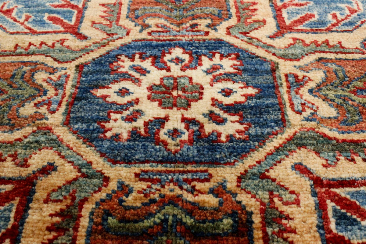 5x6 Blue and Ivory Kazak Tribal Rug