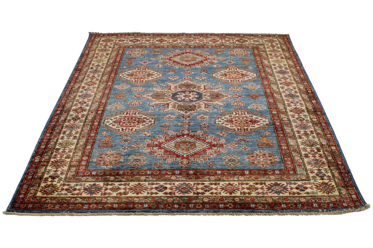 5x6 Blue and Ivory Kazak Tribal Rug