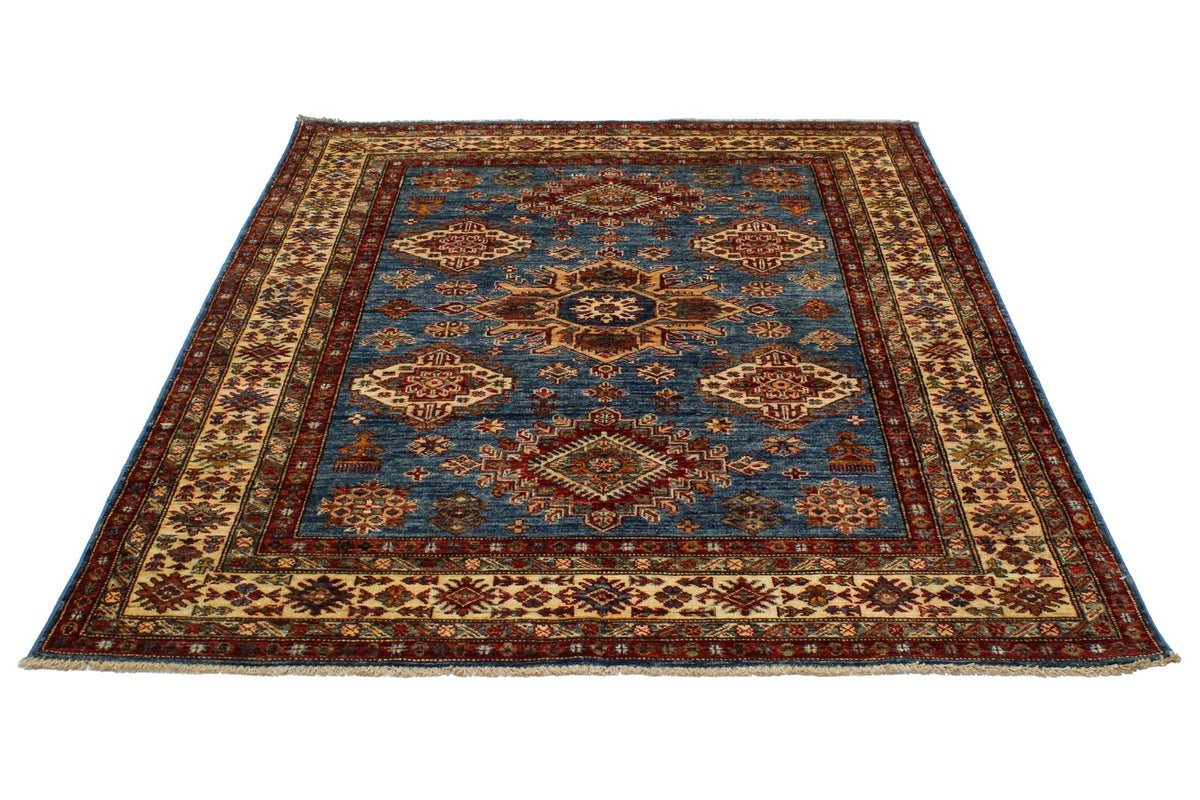5x6 Blue and Ivory Kazak Tribal Rug