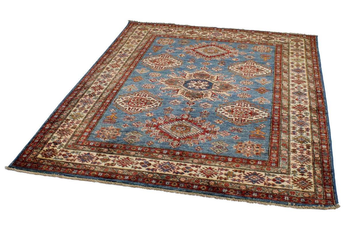 5x6 Blue and Ivory Kazak Tribal Rug