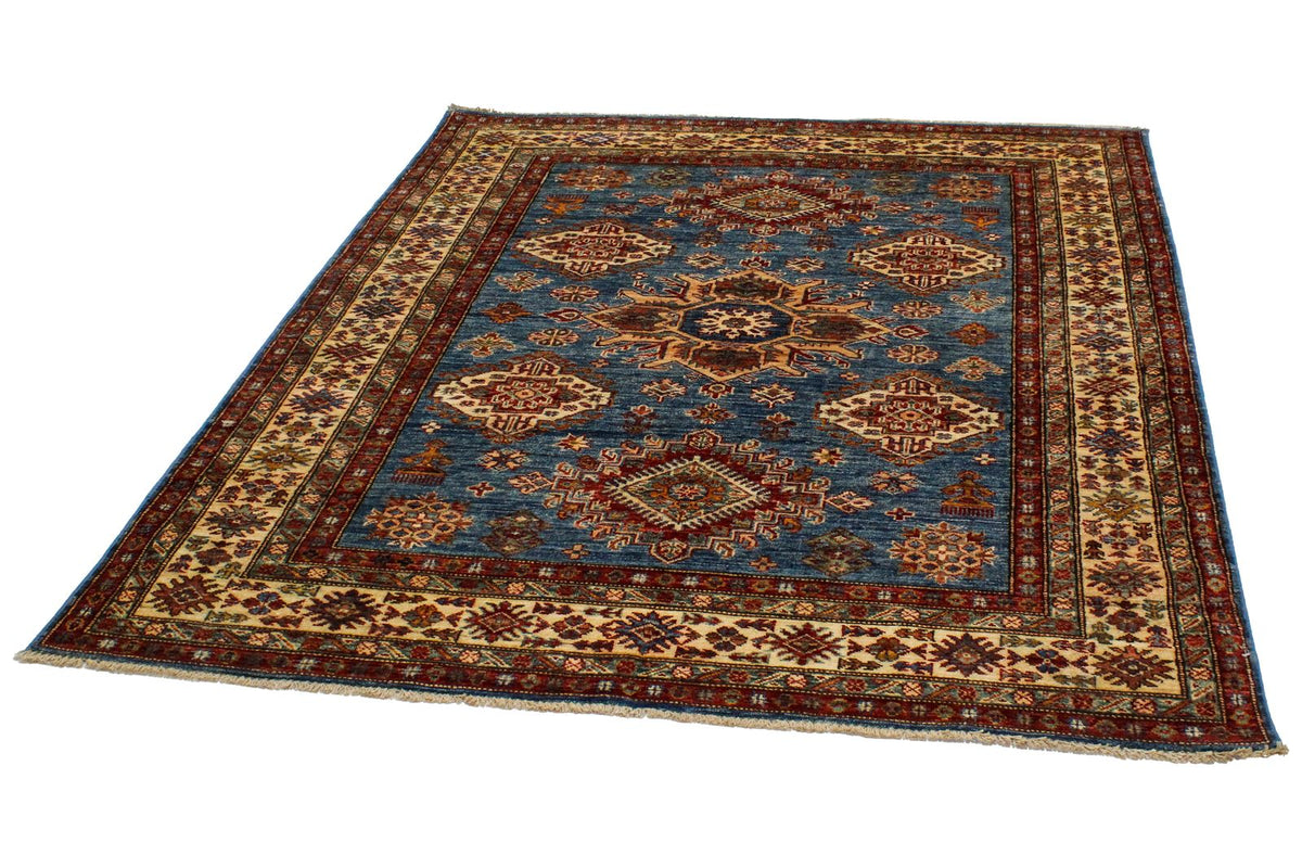 5x6 Blue and Ivory Kazak Tribal Rug