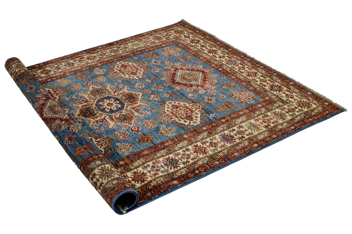 5x6 Blue and Ivory Kazak Tribal Rug
