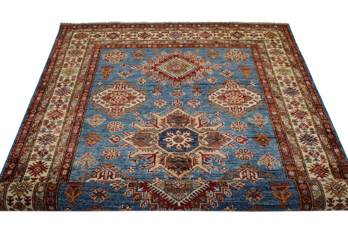 5x6 Blue and Ivory Kazak Tribal Rug
