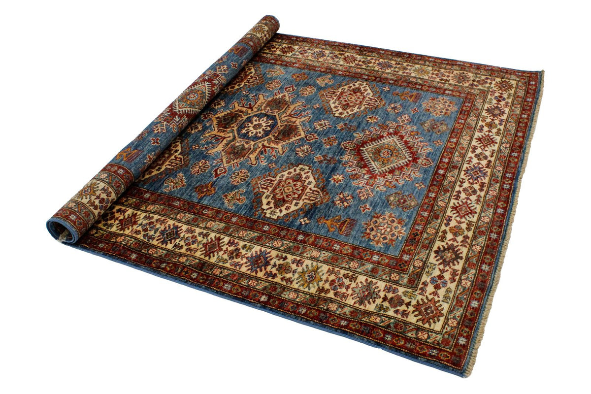 5x6 Blue and Ivory Kazak Tribal Rug