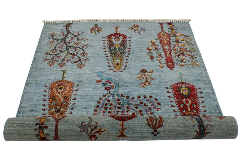 4x6 Blue and Multicolor Turkish Tribal Rug