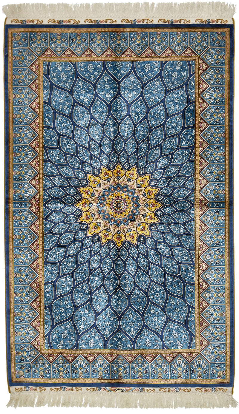 3x5 Blue and Multicolor Turkish Silk Rug