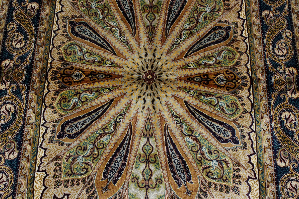 3x4 Green and Navy Turkish Silk Rug