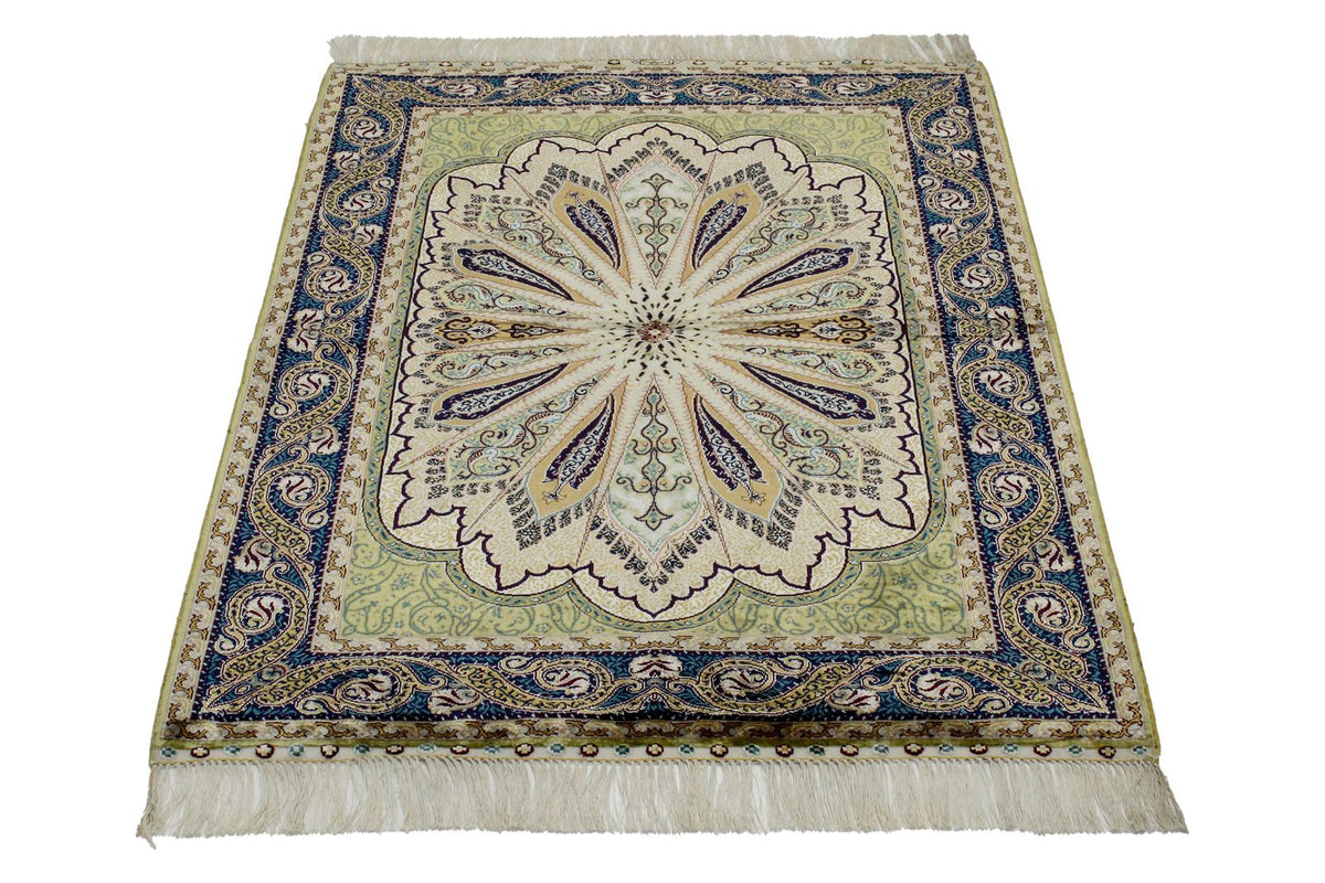 3x4 Green and Navy Turkish Silk Rug