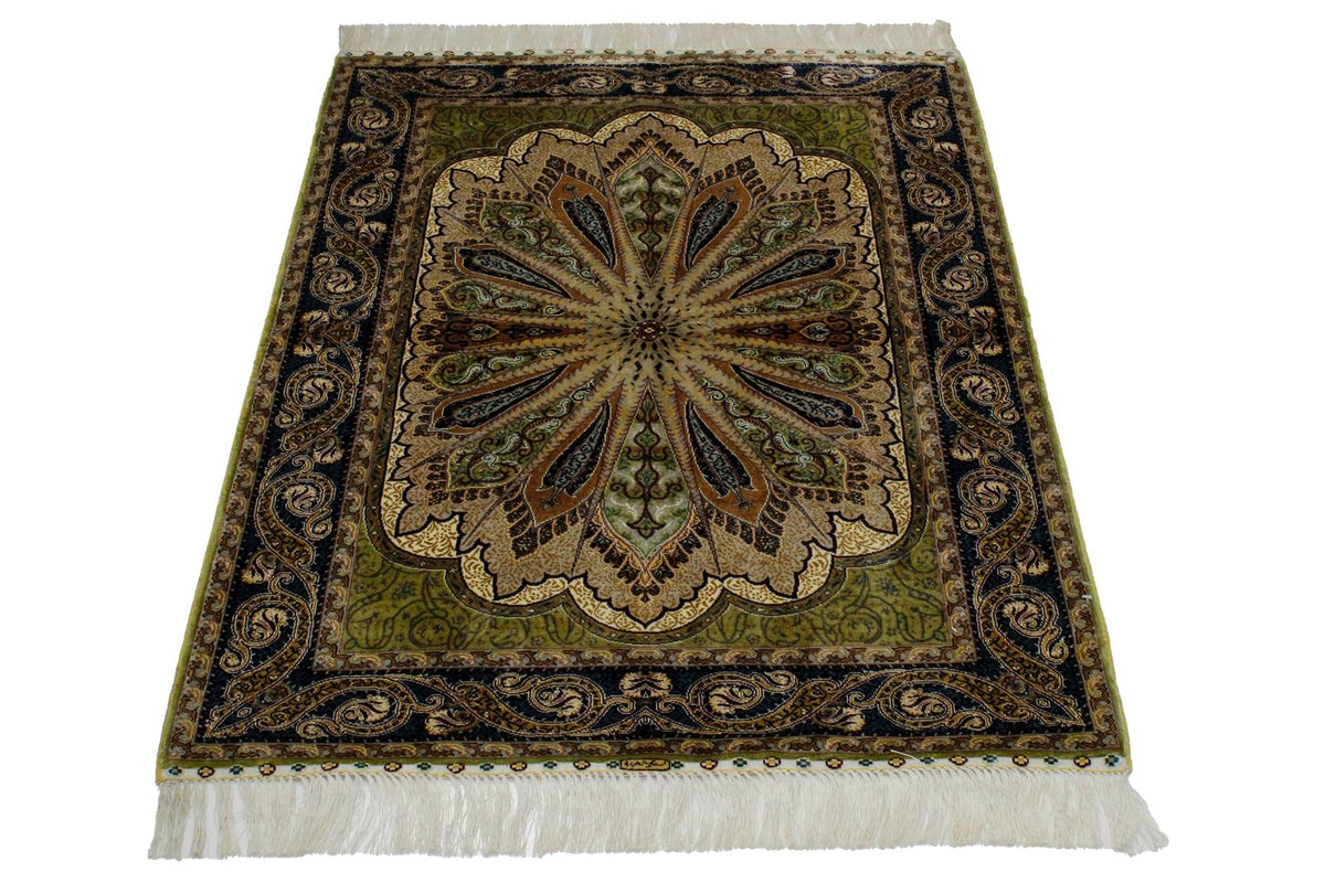 3x4 Green and Navy Turkish Silk Rug