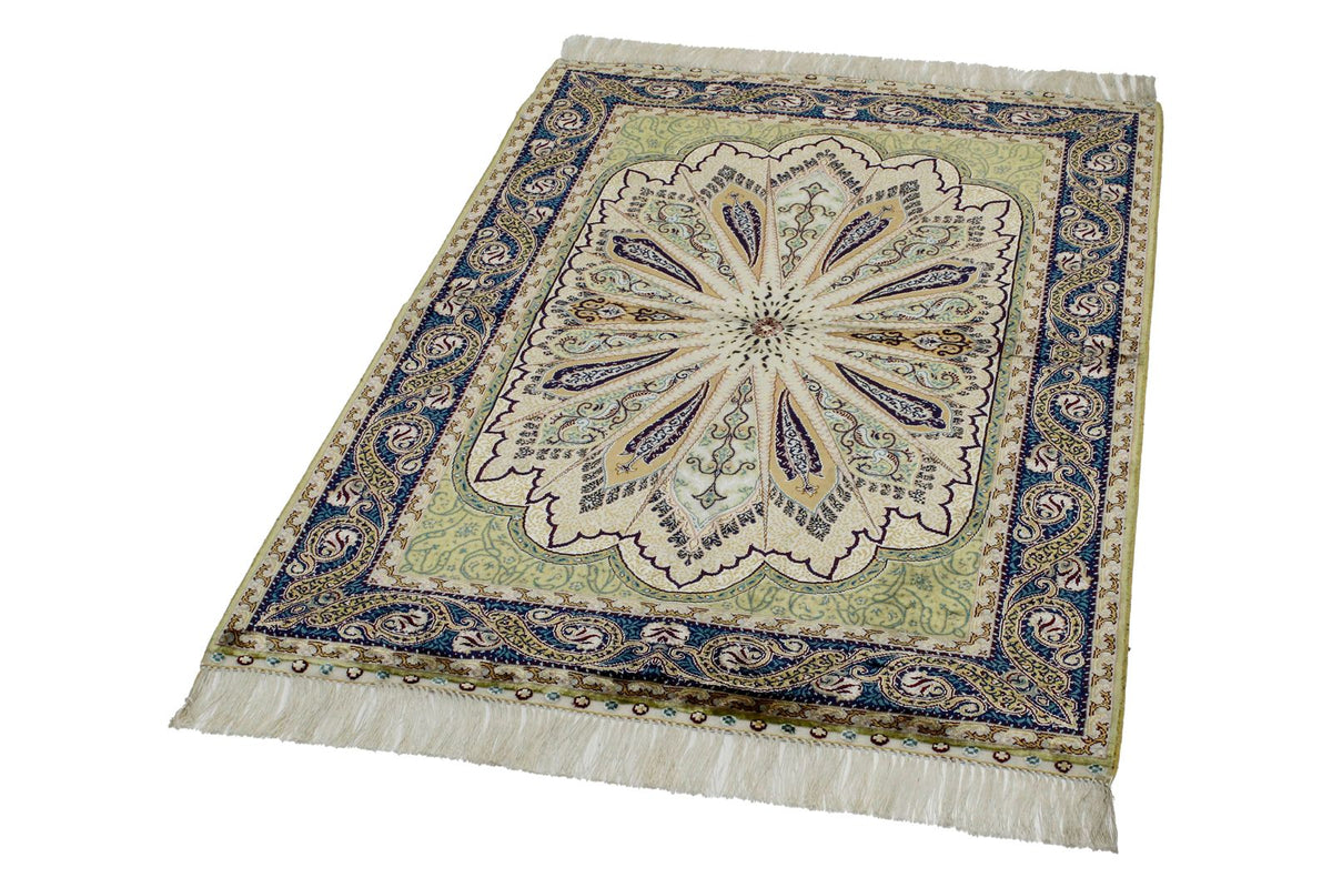 3x4 Green and Navy Turkish Silk Rug