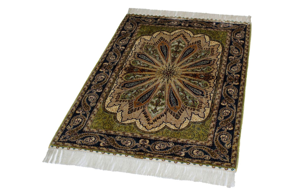 3x4 Green and Navy Turkish Silk Rug