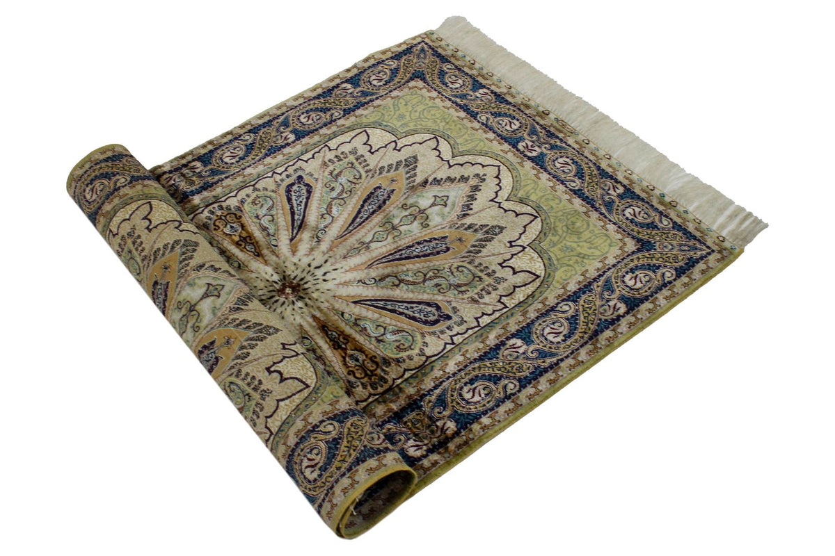 3x4 Green and Navy Turkish Silk Rug