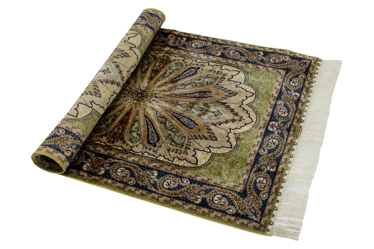 3x4 Green and Navy Turkish Silk Rug