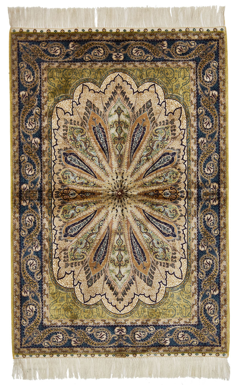 3x4 Green and Multicolor Turkish Silk Rug