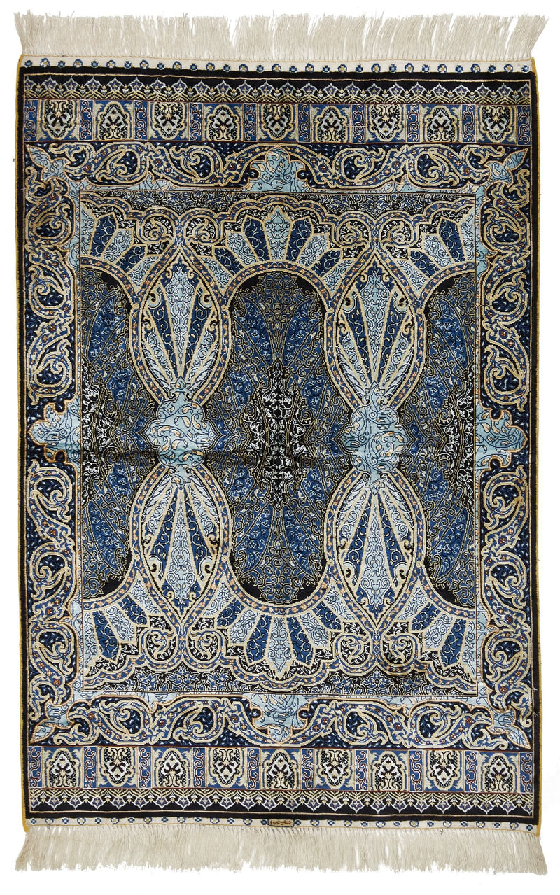 3x4 Black and Blue Turkish Silk Rug