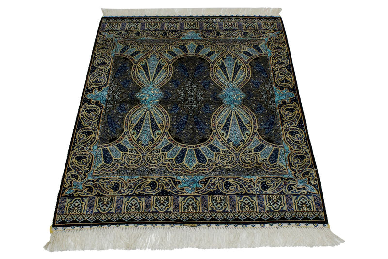 3x4 Black and Blue Turkish Silk Rug