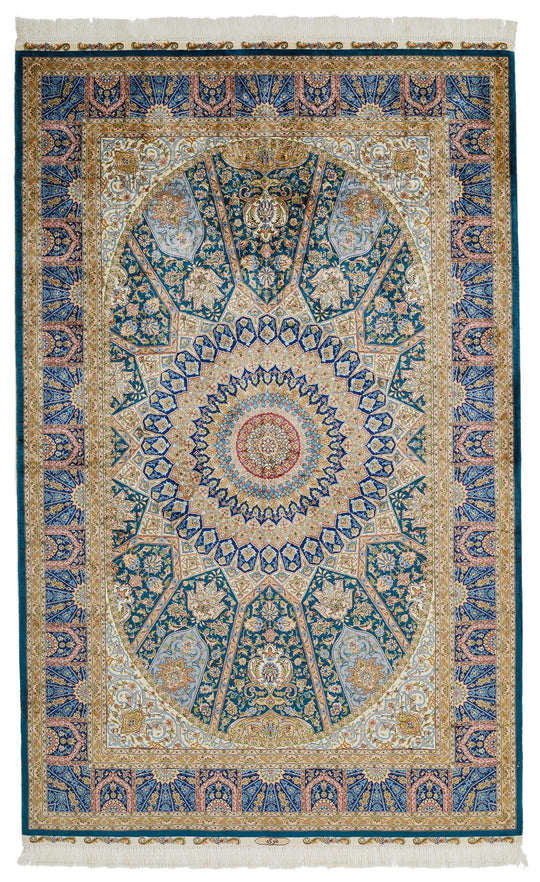 5x8 Green and Blue Turkish Silk Rug