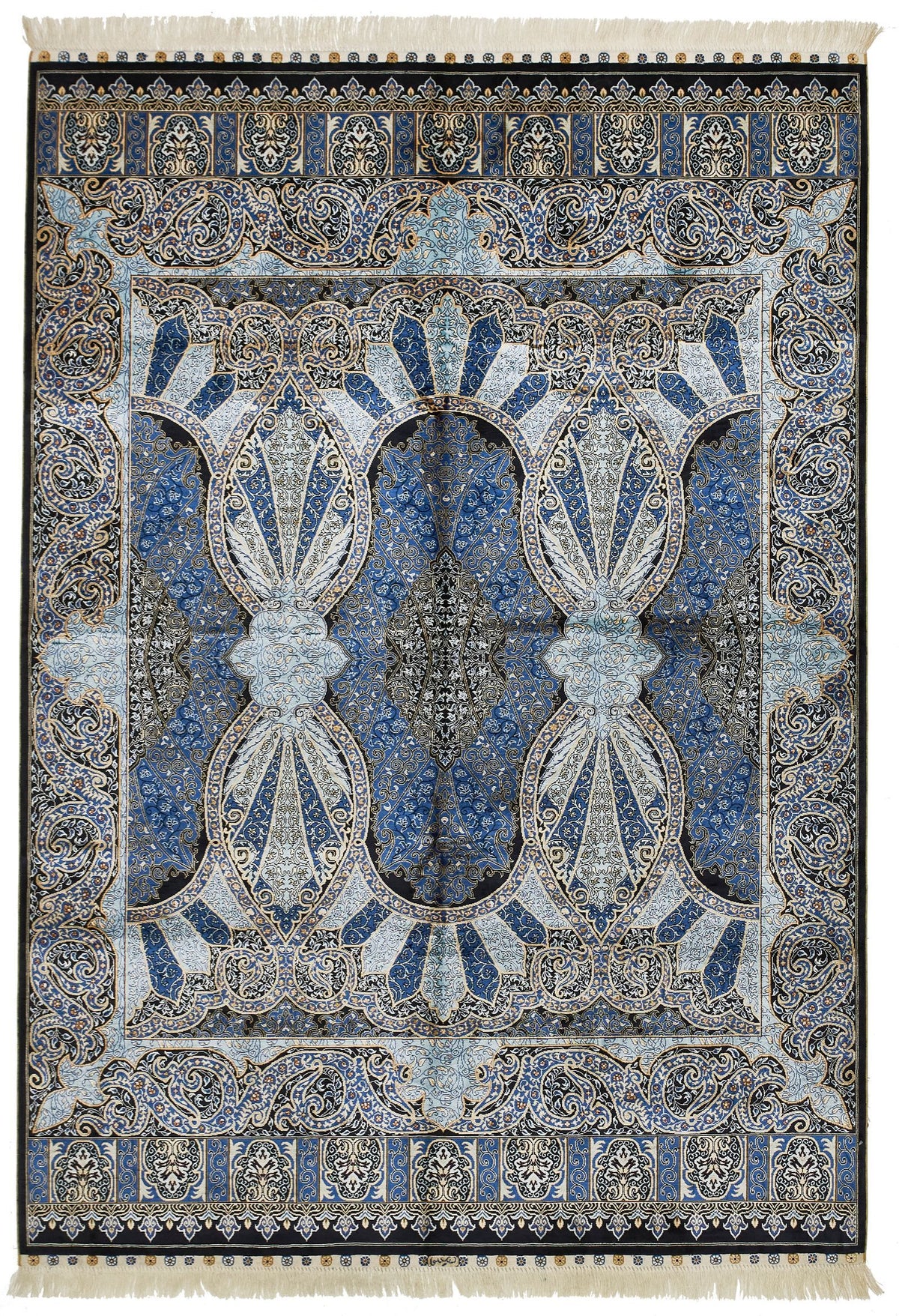 5x7 Black and Blue Turkish Silk Rug