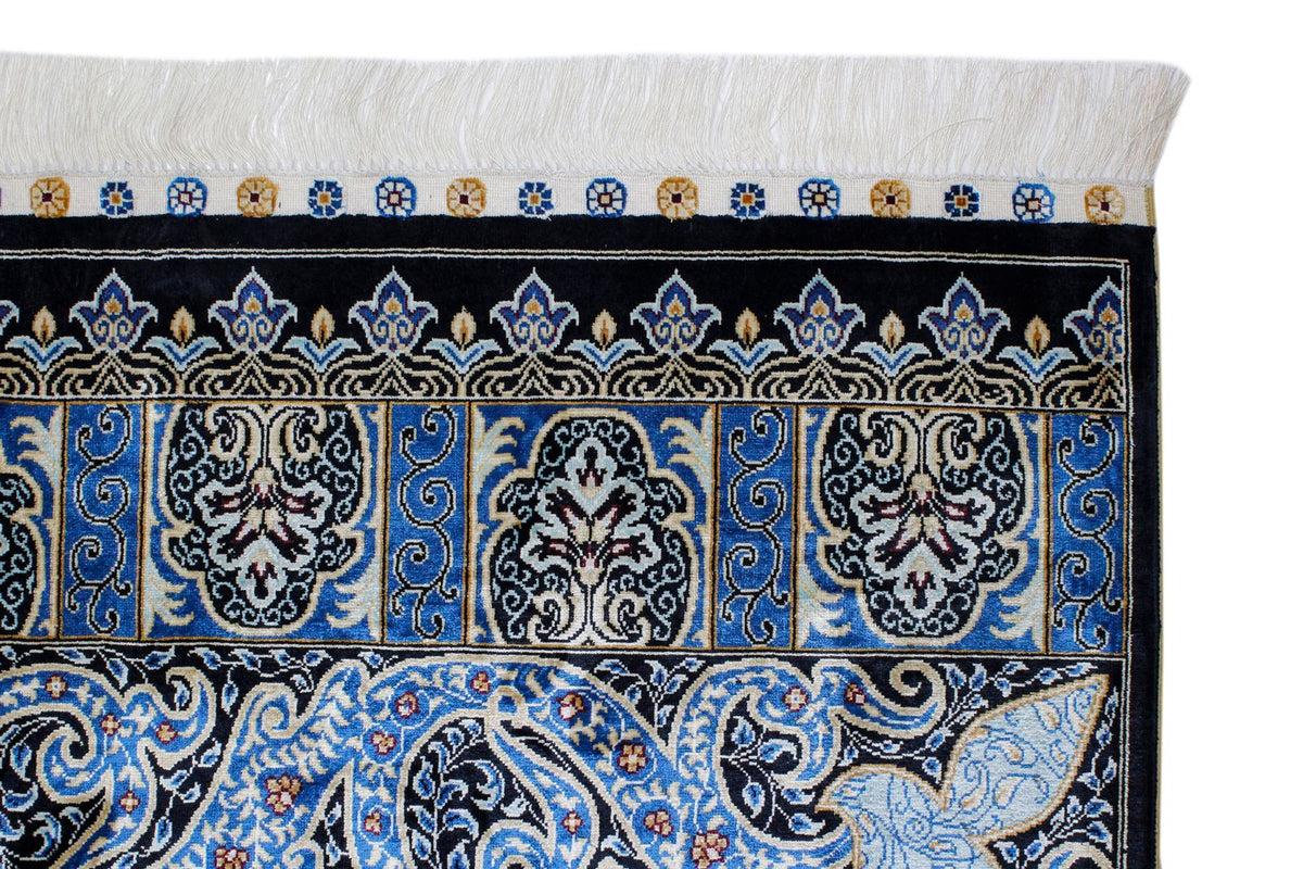 5x7 Black and Blue Turkish Silk Rug
