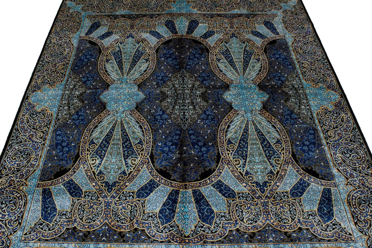 5x7 Black and Blue Turkish Silk Rug