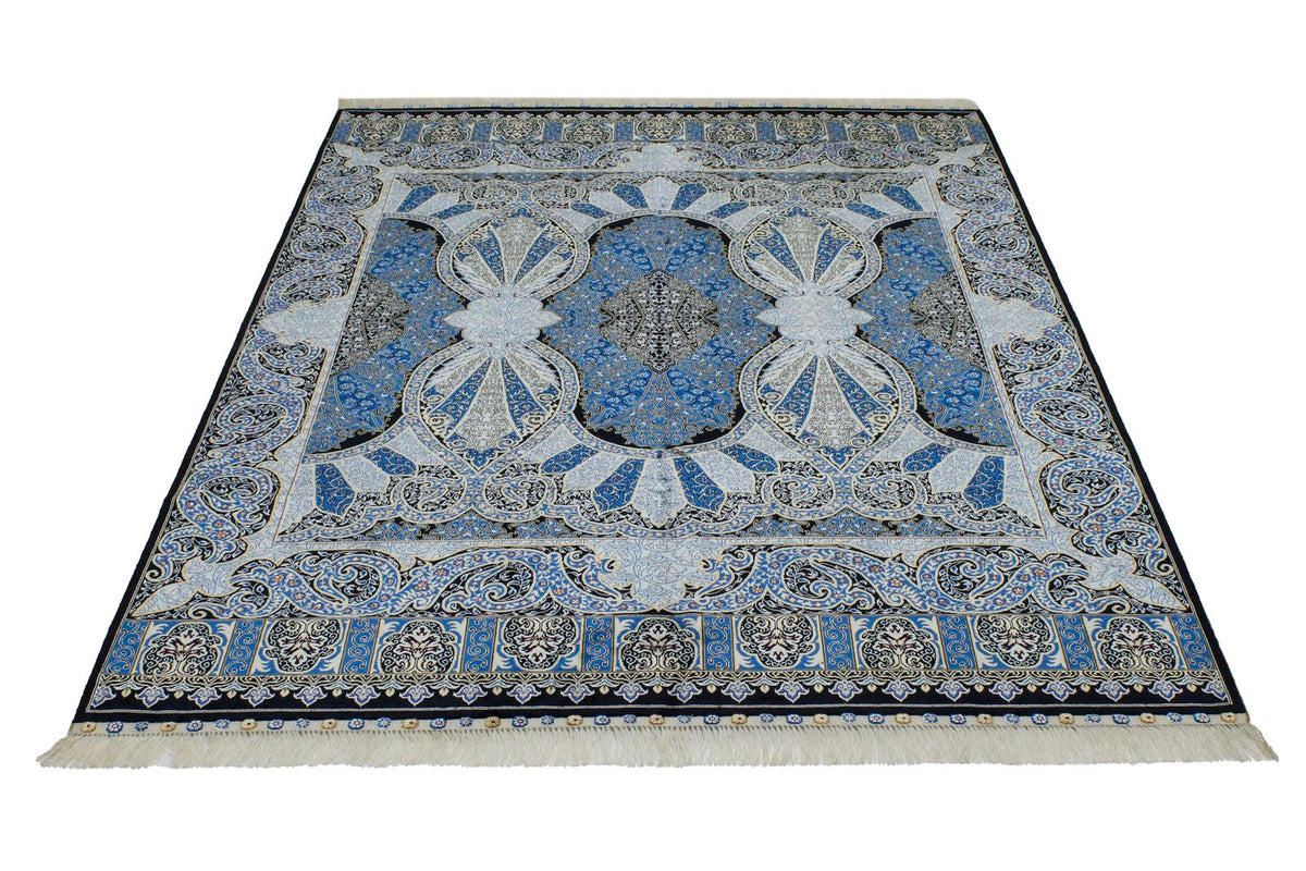 5x7 Black and Blue Turkish Silk Rug