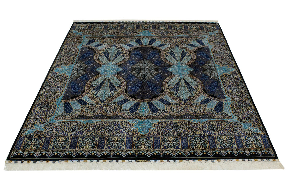 5x7 Black and Blue Turkish Silk Rug