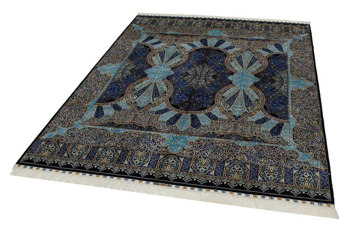 5x7 Black and Blue Turkish Silk Rug