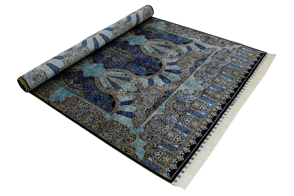 5x7 Black and Blue Turkish Silk Rug