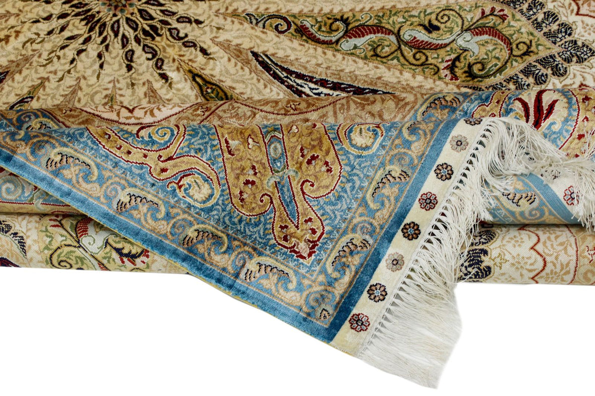 5x7 Ivory and Blue Turkish Silk Rug