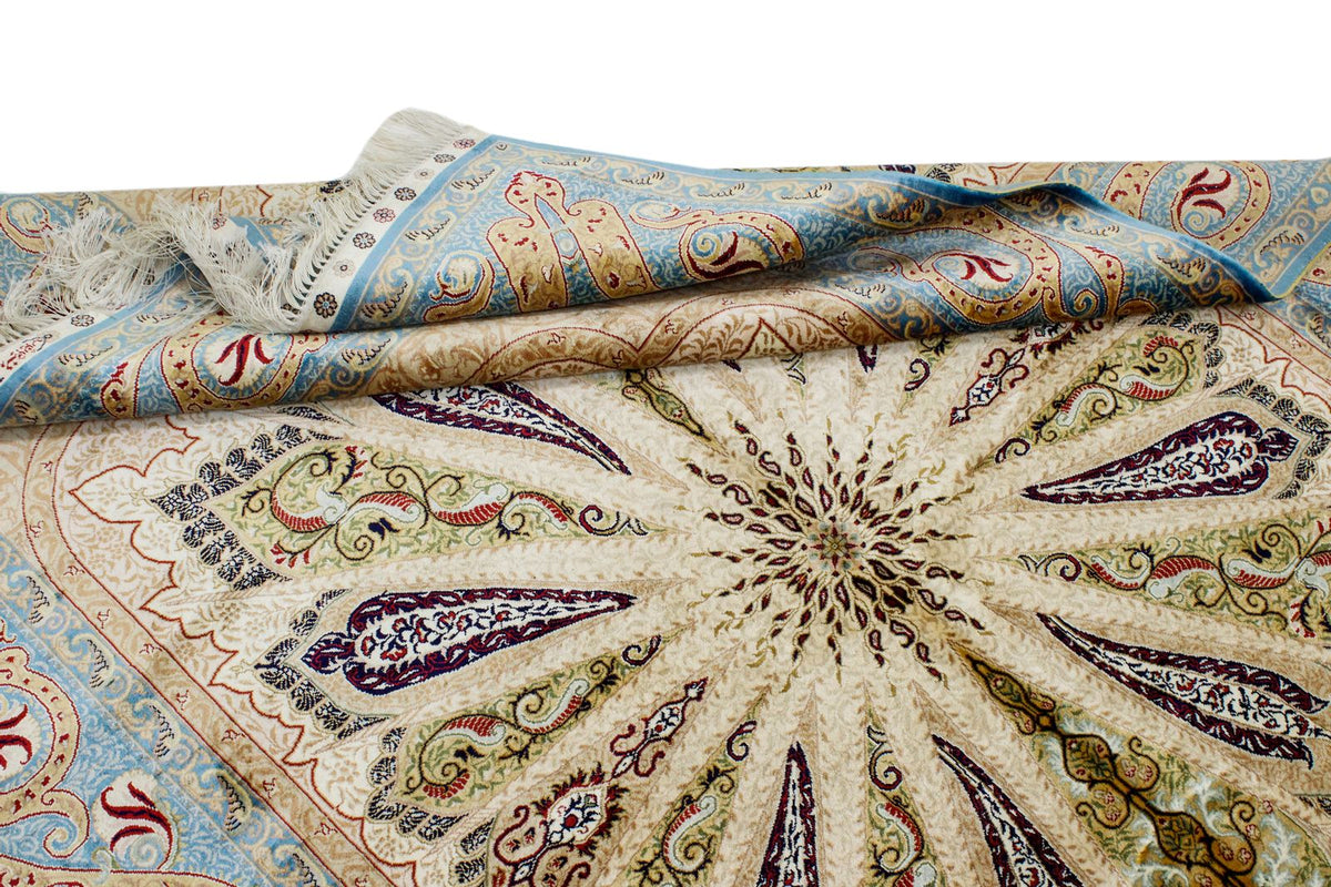 5x7 Ivory and Blue Turkish Silk Rug