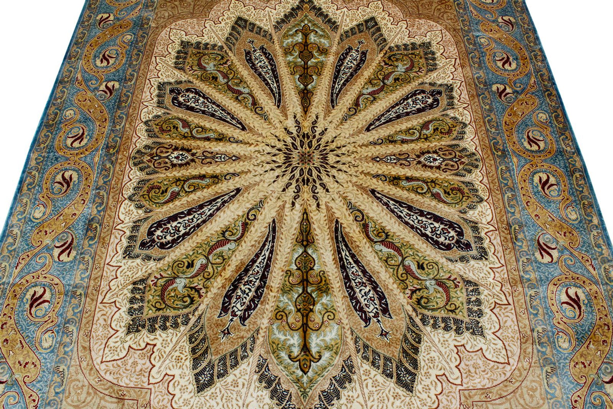5x7 Ivory and Blue Turkish Silk Rug