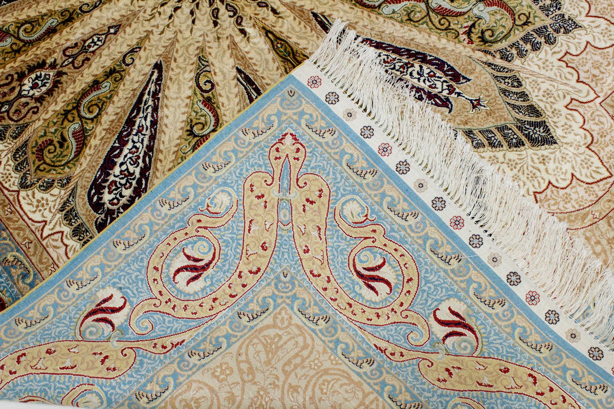 5x7 Ivory and Blue Turkish Silk Rug