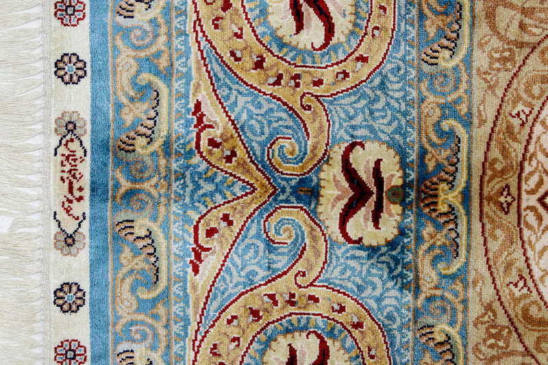5x7 Ivory and Blue Turkish Silk Rug