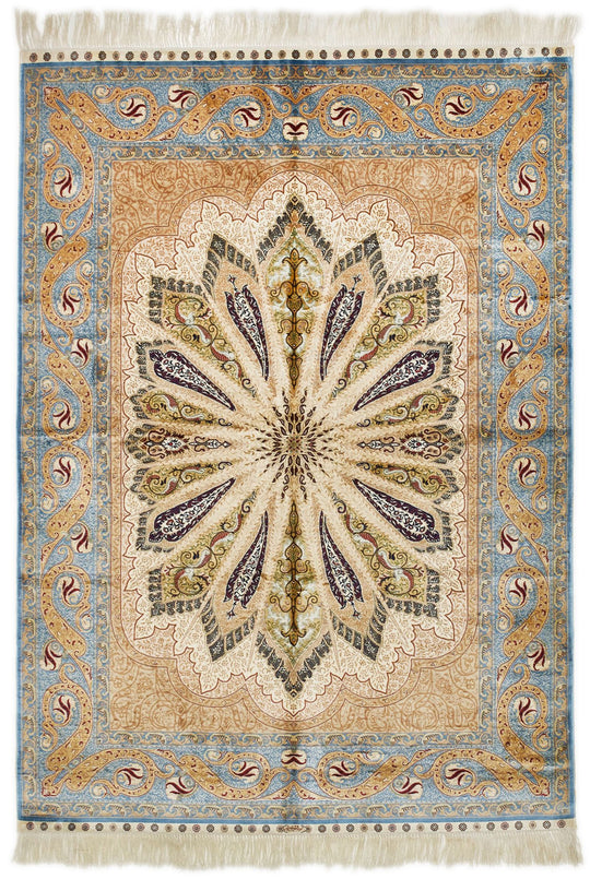 5x7 Ivory and Blue Turkish Silk Rug