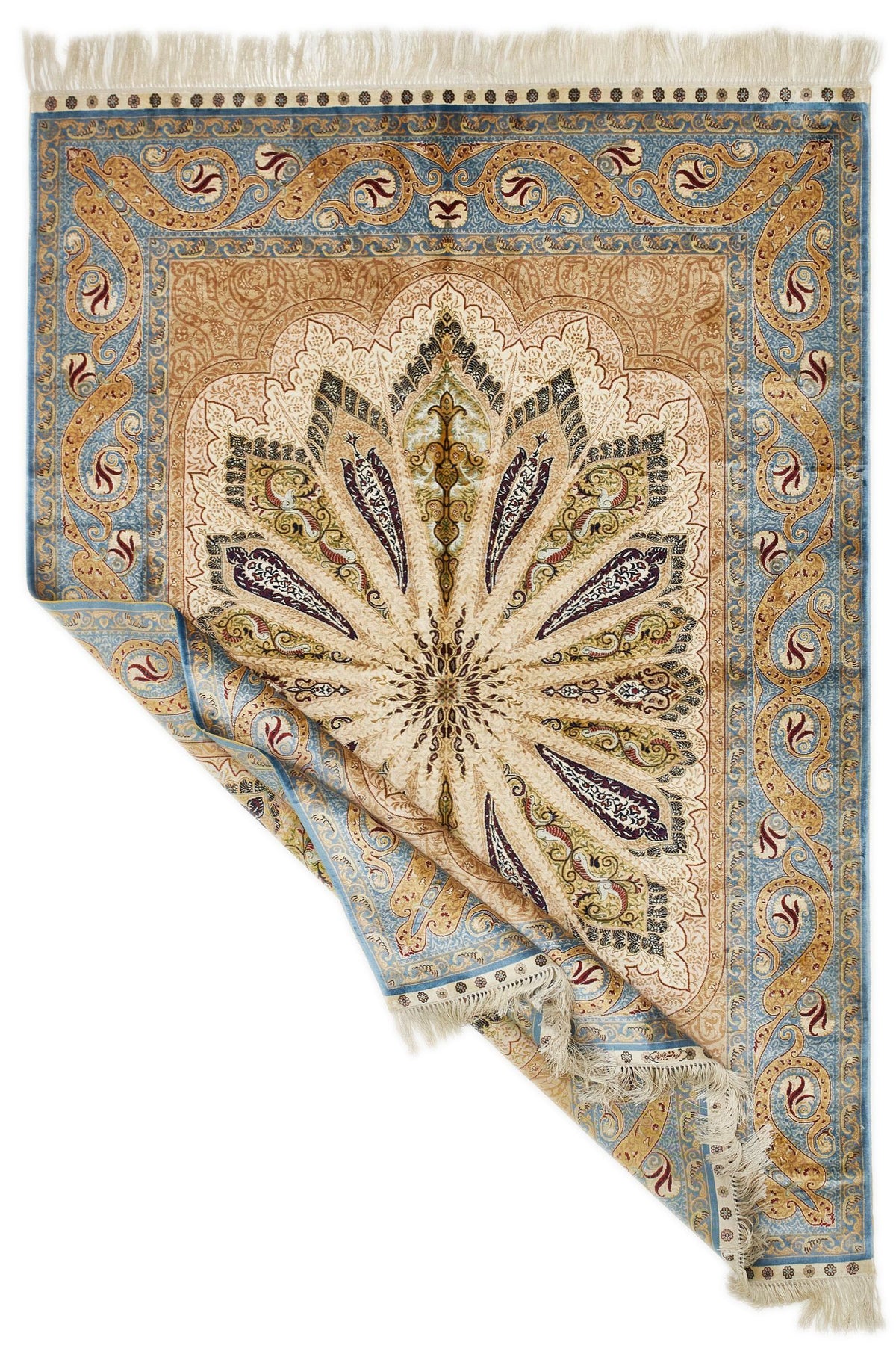 5x7 Ivory and Blue Turkish Silk Rug