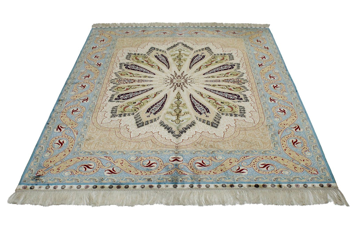 5x7 Ivory and Blue Turkish Silk Rug