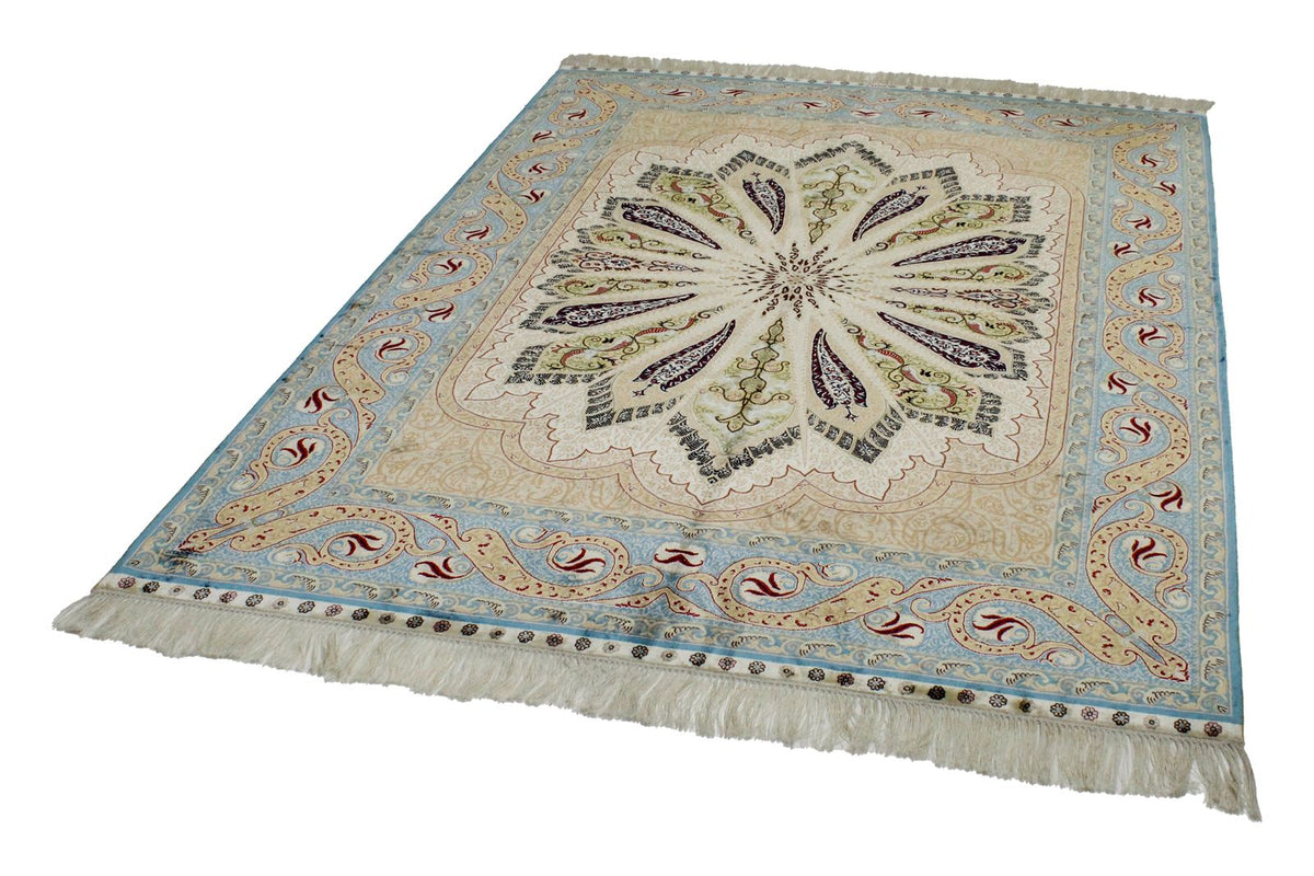 5x7 Ivory and Blue Turkish Silk Rug