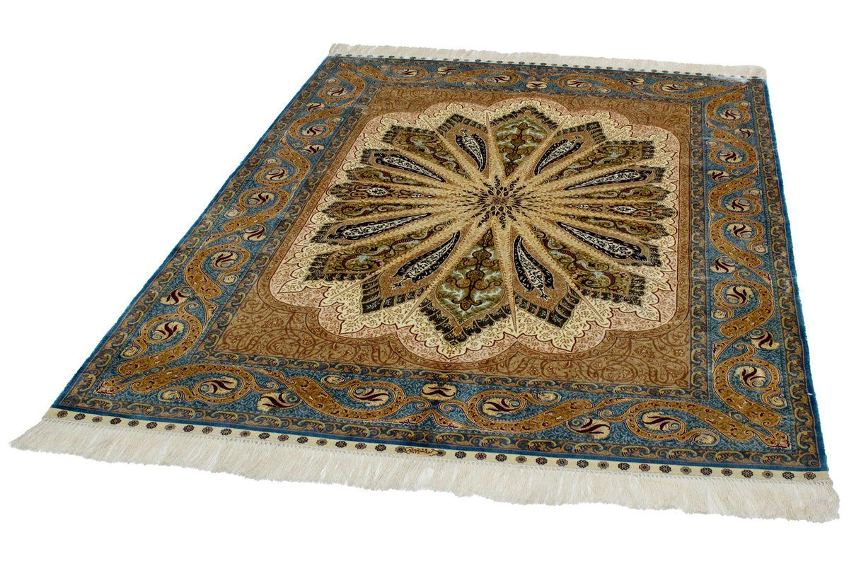 5x7 Ivory and Blue Turkish Silk Rug