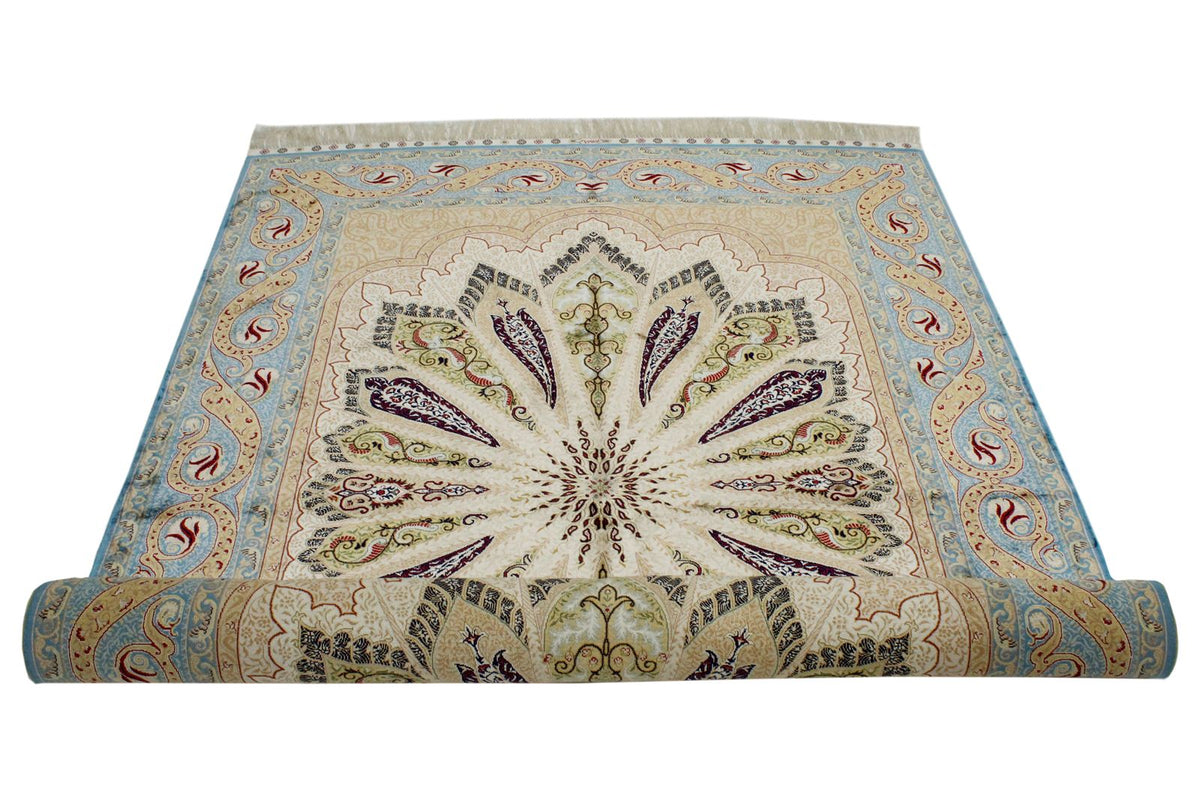 5x7 Ivory and Blue Turkish Silk Rug
