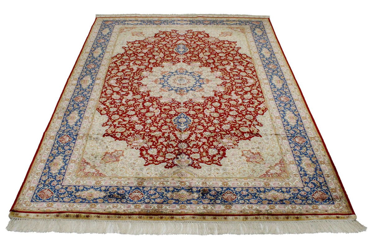 5x8 Red and Blue Turkish Silk Rug