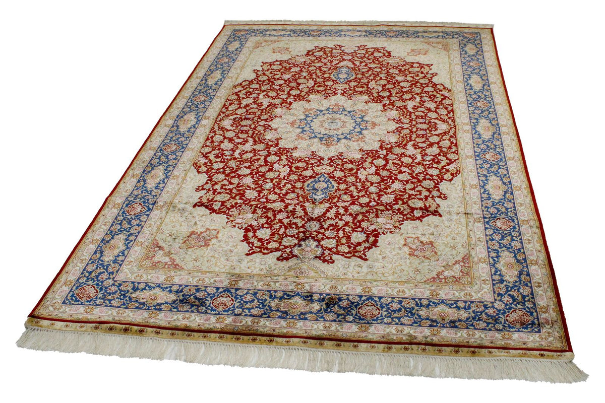 5x8 Red and Blue Turkish Silk Rug