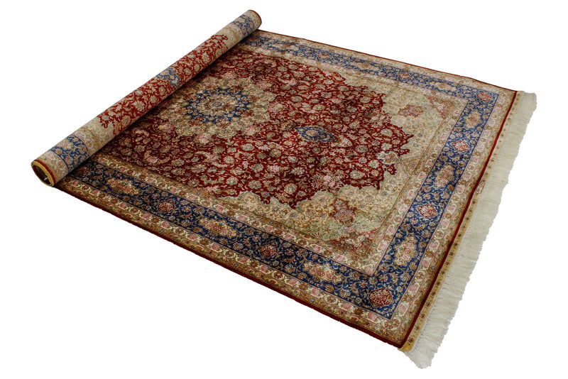 5x8 Red and Blue Turkish Silk Rug