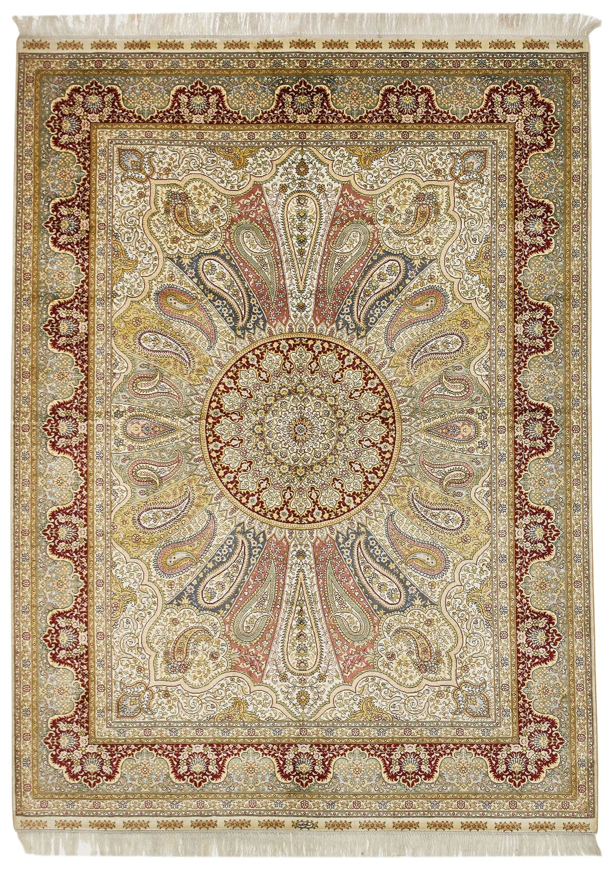 5x7 Ivory and Red Turkish Silk Rug