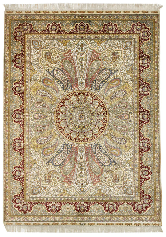 5x7 Ivory and Red Turkish Silk Rug