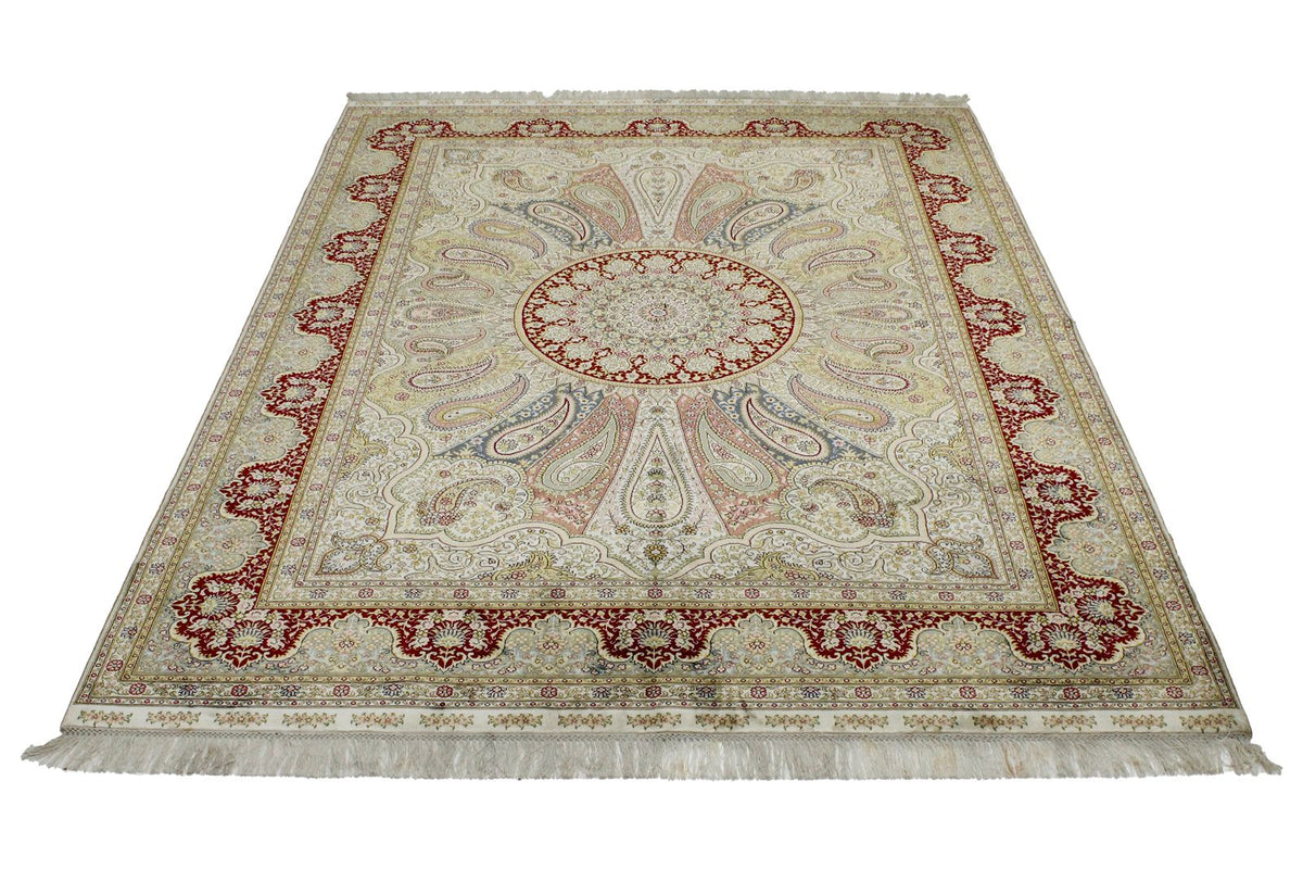 5x7 Ivory and Red Turkish Silk Rug