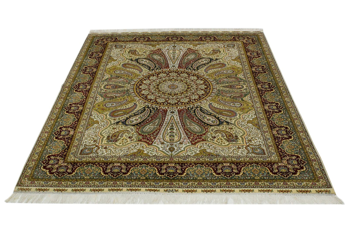 5x7 Ivory and Red Turkish Silk Rug