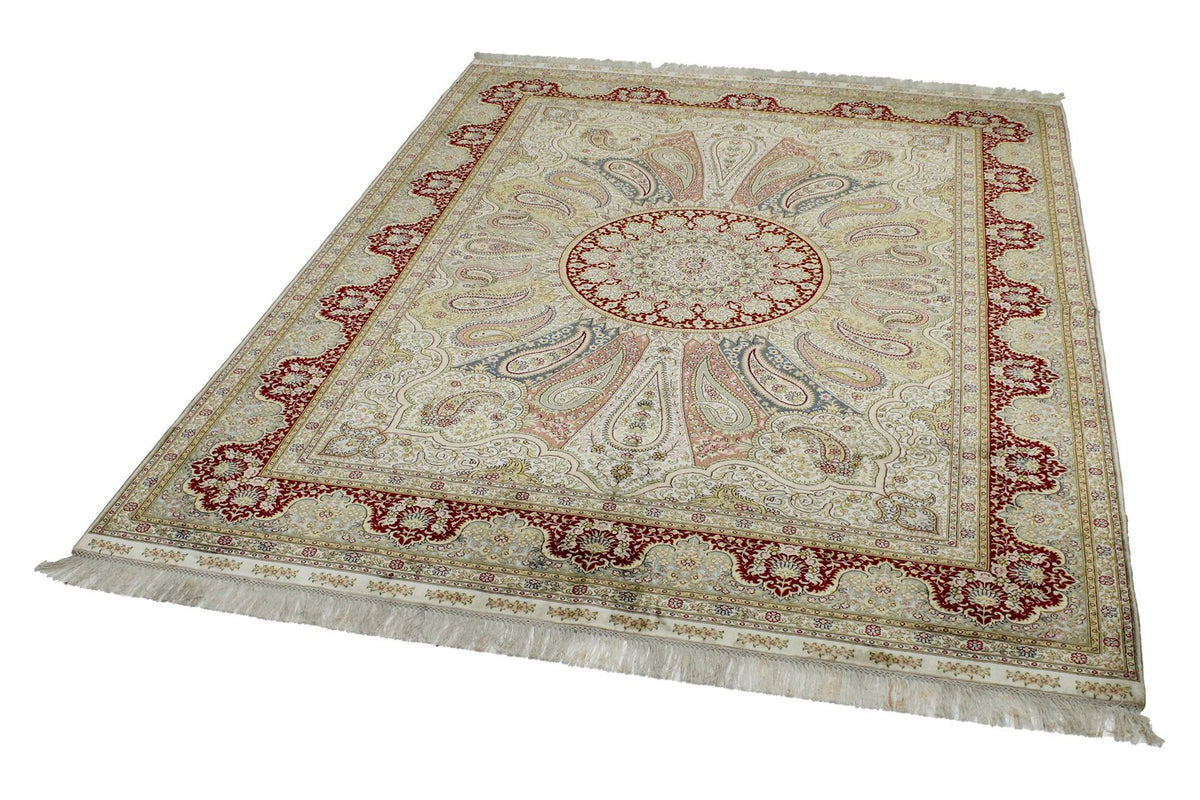 5x7 Ivory and Red Turkish Silk Rug