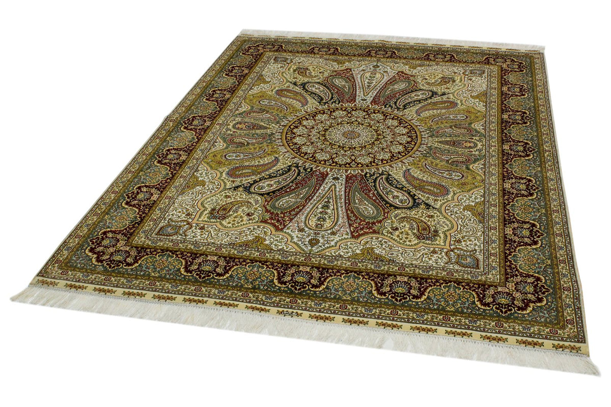 5x7 Ivory and Red Turkish Silk Rug