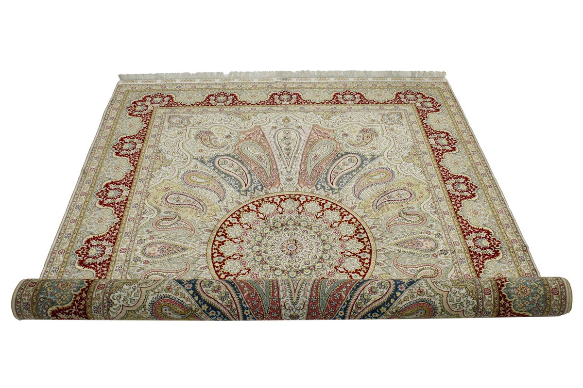 5x7 Ivory and Red Turkish Silk Rug